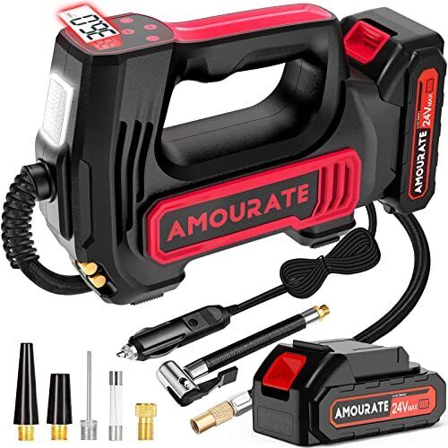 Amourate Tire Inflator Air Compressor, 24V Portable Car Tire Pump Rechargeable